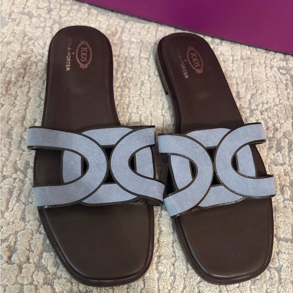 Tod's Brown Leather Slide Sandals with Light Blue Suede Straps